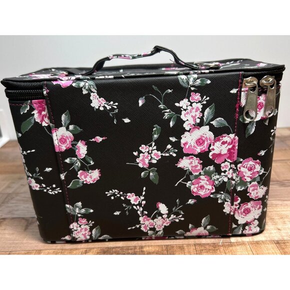 Floral Makeup Travel Case With Mirror & Adjustable Strap - Black & Pink Design - - Picture 4 of 7